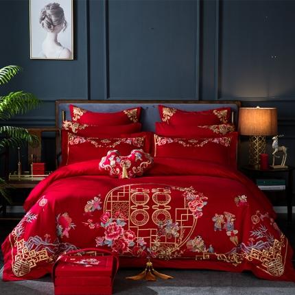 91家纺网 家纺一手货源 找家纺 红番天 热卖款1全棉贡缎提花婚庆套件 锦上添花