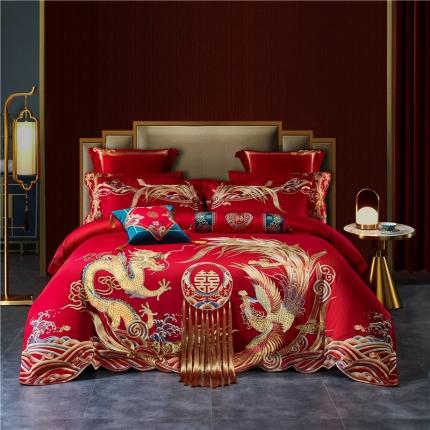 91家纺网 家纺一手货源 找家纺 红番天 热卖款1全棉贡缎提花婚庆套件 紫气东来