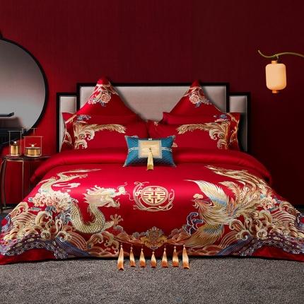 91家纺网 家纺一手货源 找家纺 红番天 热卖款1全棉贡缎提花婚庆套件 龙章凤姿