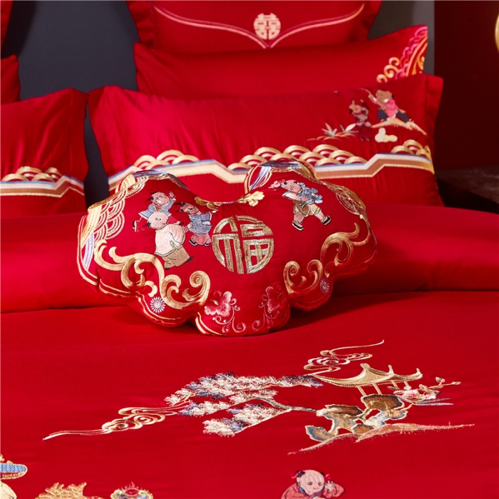 91家纺网 家纺一手货源 找家纺 红番天 热卖款全棉婚庆刺绣四件套 百子千禧