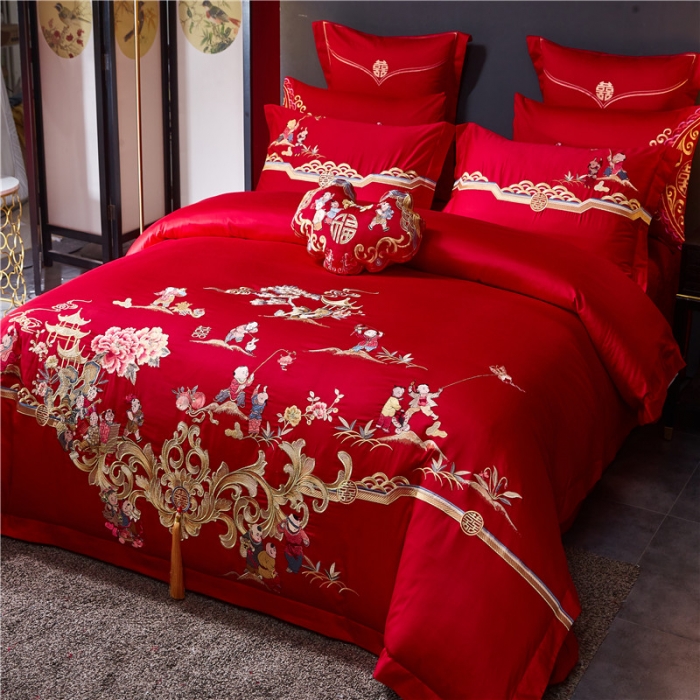 91家纺网 家纺一手货源 找家纺 红番天 热卖款全棉婚庆刺绣四件套 百子千禧