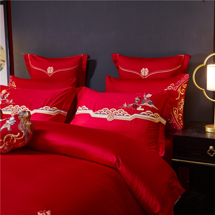 91家纺网 家纺一手货源 找家纺 红番天 热卖款全棉婚庆刺绣四件套 百子千禧