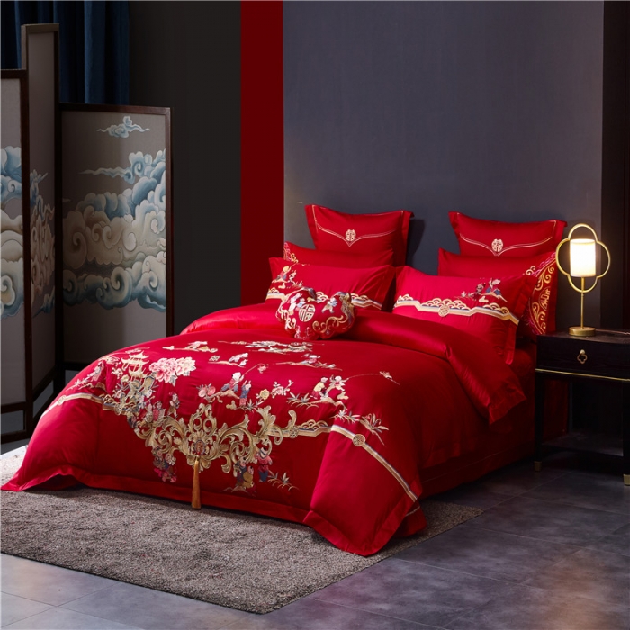 91家纺网 家纺一手货源 找家纺 红番天 热卖款全棉婚庆刺绣四件套 百子千禧