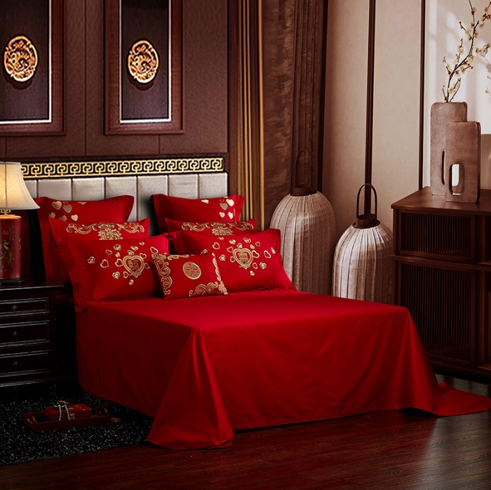 91家纺网 家纺一手货源 找家纺 红番天 热卖款全棉婚庆刺绣四件套 新婚快乐-红