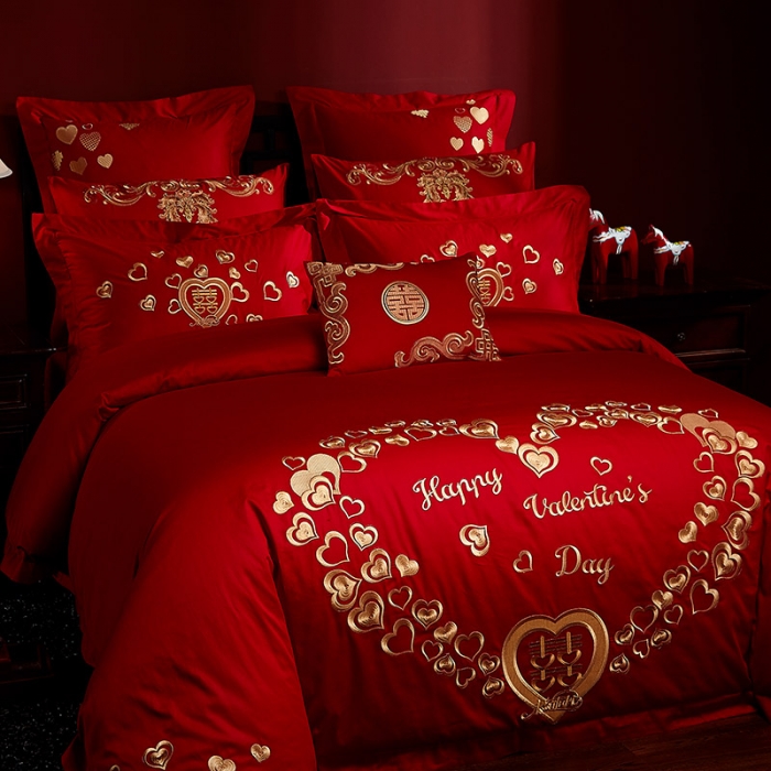 91家纺网 家纺一手货源 找家纺 红番天 热卖款全棉婚庆刺绣四件套 新婚快乐-红