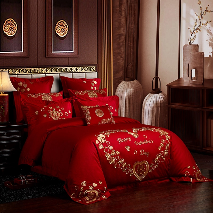 91家纺网 家纺一手货源 找家纺 红番天 热卖款全棉婚庆刺绣四件套 新婚快乐-红