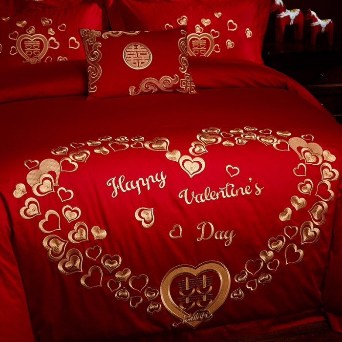 91家纺网 家纺一手货源 找家纺 红番天 热卖款全棉婚庆刺绣四件套 新婚快乐-红