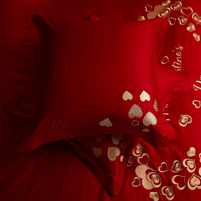 91家纺网 家纺一手货源 找家纺 红番天 热卖款全棉婚庆刺绣四件套 新婚快乐-红