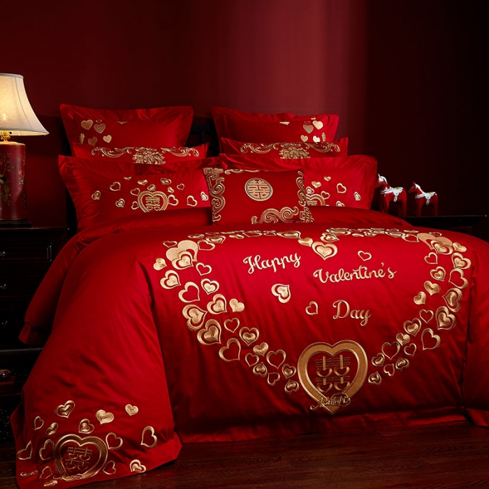 91家纺网 家纺一手货源 找家纺 红番天 热卖款全棉婚庆刺绣四件套 新婚快乐-红