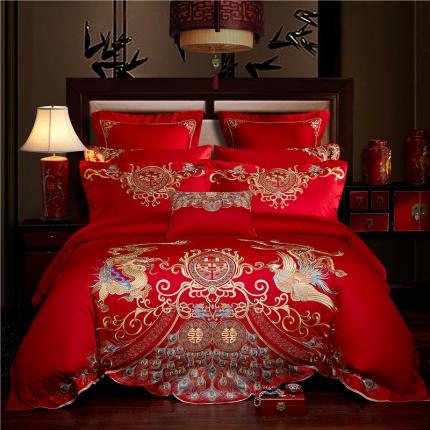 91家纺网 家纺一手货源 找家纺 红番天 热卖款全棉婚庆刺绣四件套 龙凤盛宴