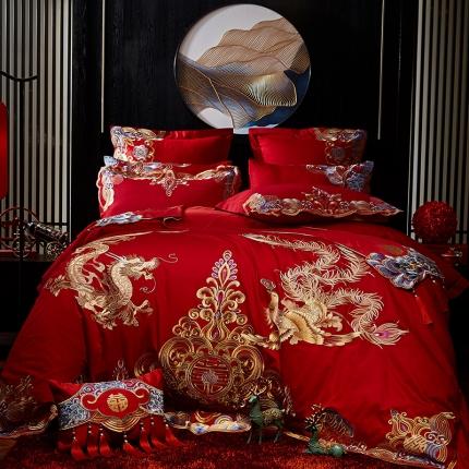 91家纺网 家纺一手货源 找家纺 红番天 热卖款全棉婚庆刺绣四件套 龙翔凤瑞