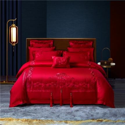 91家纺网 家纺一手货源 找家纺 红番天 热卖款全棉婚庆刺绣四件套 情深似海红