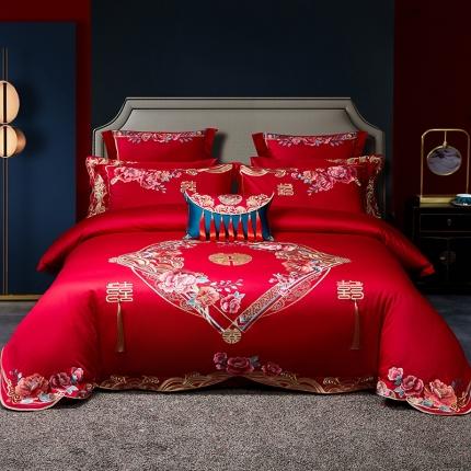 91家纺网 家纺一手货源 找家纺 红番天 热卖款全棉婚庆刺绣四件套 盛世婚嫁