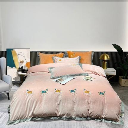 91家纺网 家纺一手货源 找家纺 玖玖爱家纺 2021新款爱马仕婴儿绒保暖四件套 爱马仕樱花粉