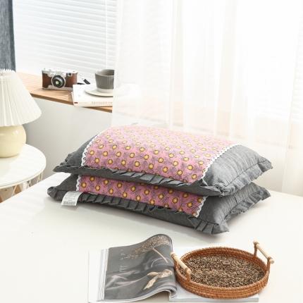 明星枕业 2022新款韩式全棉棉绒花边荞麦壳枕 花边粉黄花30*50cm