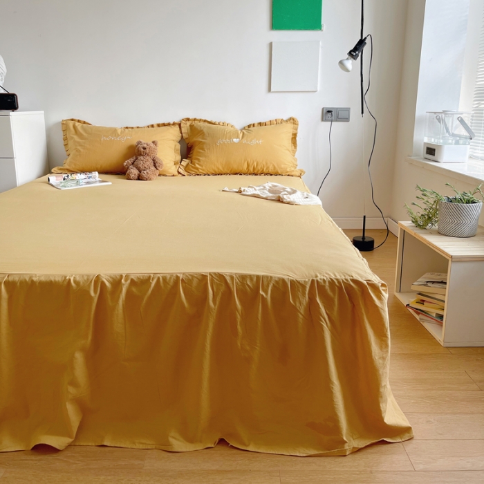 91家纺网 家纺一手货源 找家纺 六巷胡同 2022春夏新品ins风水洗棉单品床裙三件套 ins姜黄