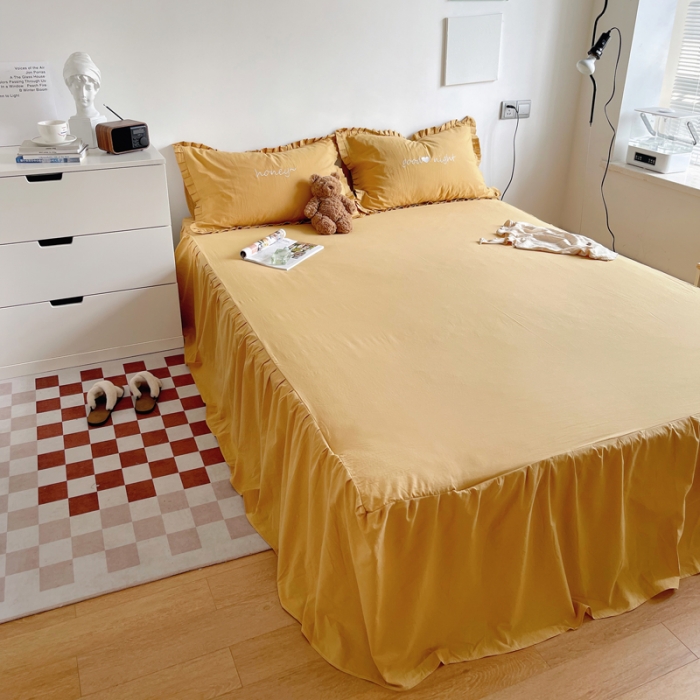 91家纺网 家纺一手货源 找家纺 六巷胡同 2022春夏新品ins风水洗棉单品床裙三件套 ins姜黄