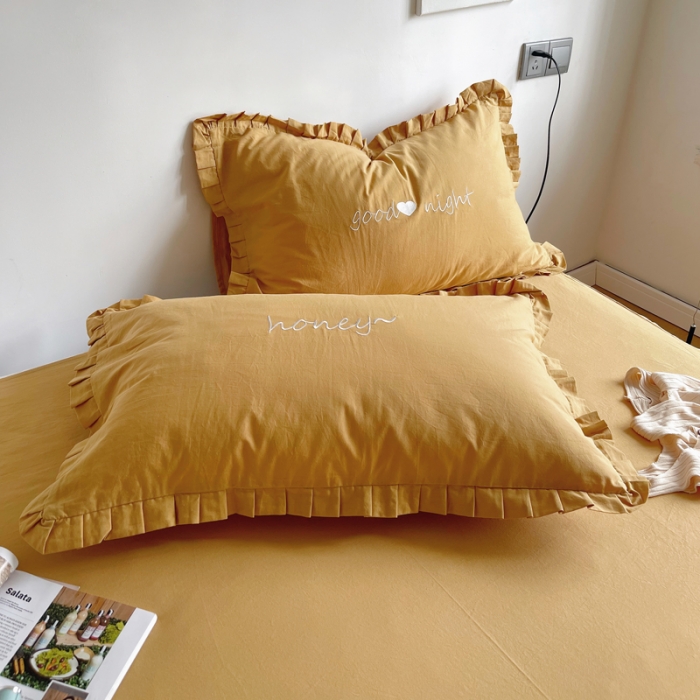 91家纺网 家纺一手货源 找家纺 六巷胡同 2022春夏新品ins风水洗棉单品床裙三件套 ins姜黄