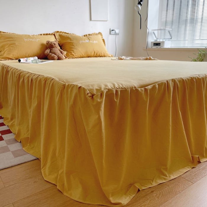 91家纺网 家纺一手货源 找家纺 六巷胡同 2022春夏新品ins风水洗棉单品床裙三件套 ins姜黄