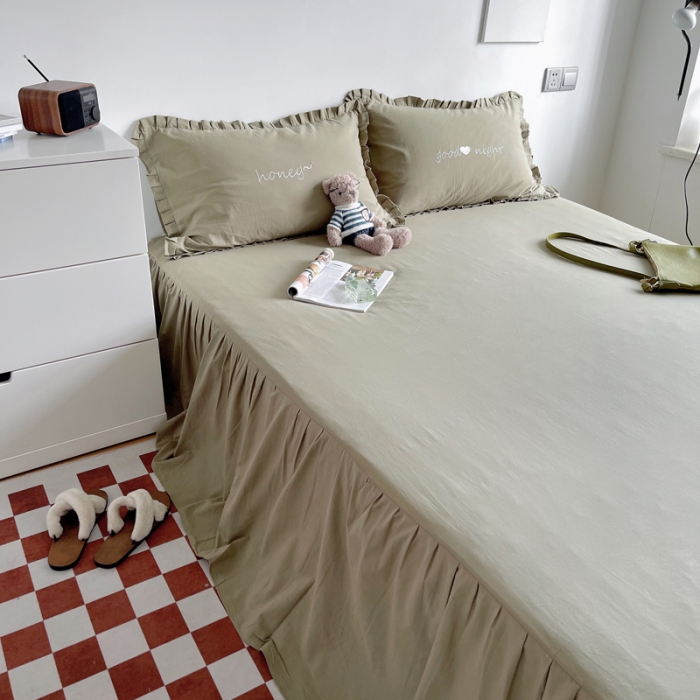 91家纺网 家纺一手货源 找家纺 六巷胡同 2022春夏新品ins风水洗棉单品床裙三件套 ins米绿