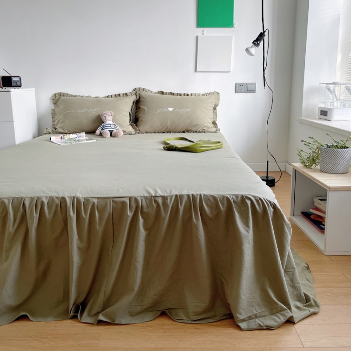 91家纺网 家纺一手货源 找家纺 六巷胡同 2022春夏新品ins风水洗棉单品床裙三件套 ins米绿