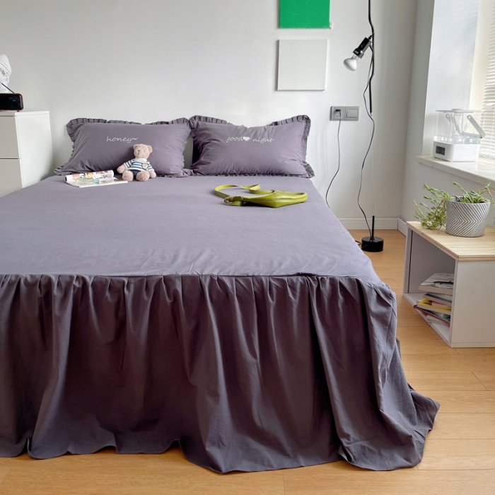 91家纺网 家纺一手货源 找家纺 六巷胡同 2022春夏新品ins风水洗棉单品床裙三件套 ins深灰