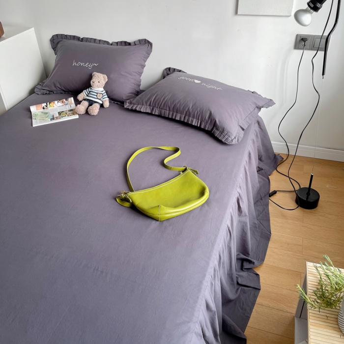 91家纺网 家纺一手货源 找家纺 六巷胡同 2022春夏新品ins风水洗棉单品床裙三件套 ins深灰