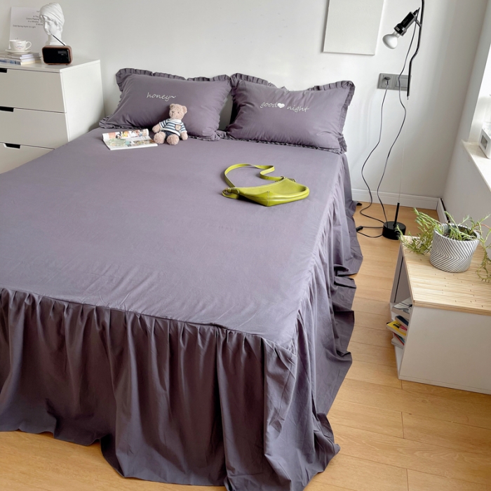 91家纺网 家纺一手货源 找家纺 六巷胡同 2022春夏新品ins风水洗棉单品床裙三件套 ins深灰