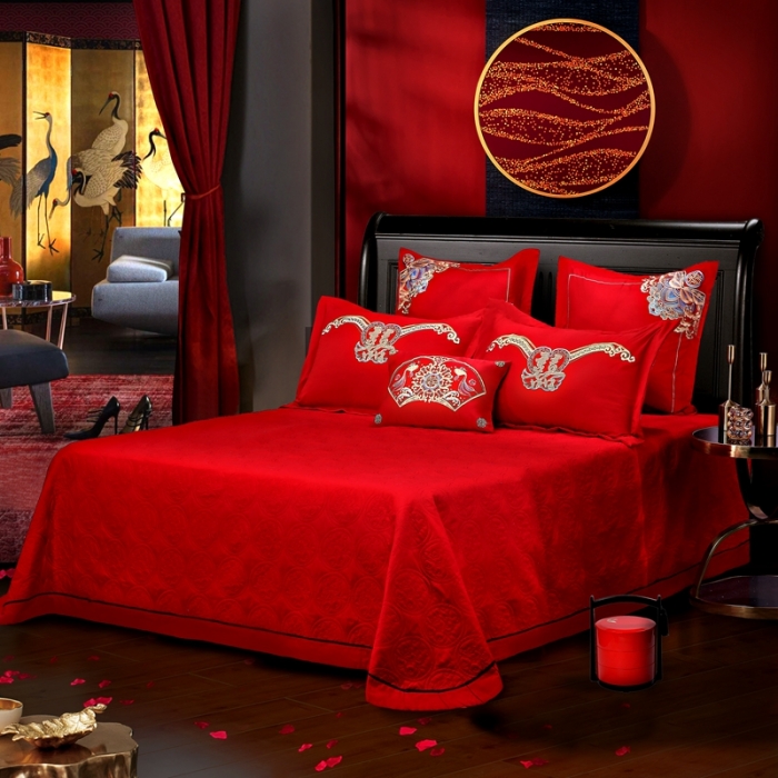 91家纺网 家纺一手货源 找家纺 2025新款100s纯棉提花婚庆四件套多件套 喜事成双