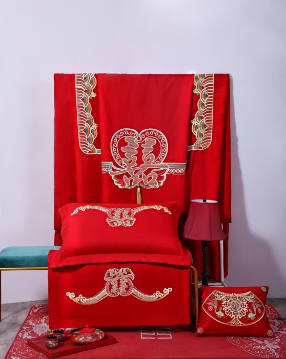 91家纺网 家纺一手货源 找家纺 2025新款100s纯棉提花婚庆四件套多件套 喜事成双