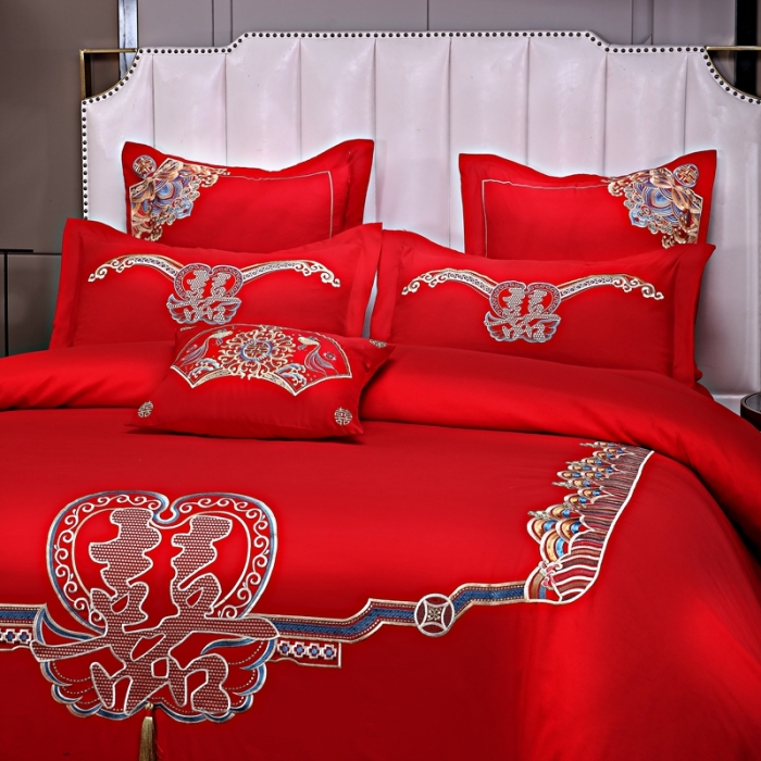 91家纺网 家纺一手货源 找家纺 2025新款100s纯棉提花婚庆四件套多件套 喜事成双