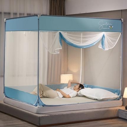 91家纺网 家纺一手货源 找家纺 飞轮海蚊帐新款多功能床笠式方顶坐床式蚊帐-Z6白靛蓝