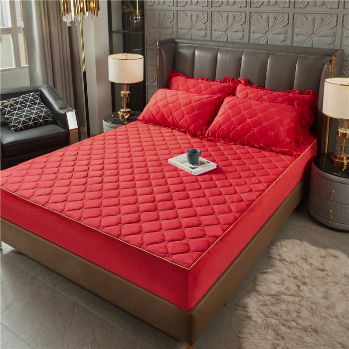 91家纺网 家纺一手货源 找家纺 十个点家纺 2021新款倾国倾城水晶绒夹棉床笠 大红