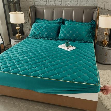 十个点家纺 2021新款倾国倾城水晶绒夹棉床笠 绿色