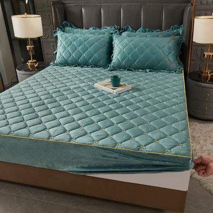 十个点家纺 2021新款倾国倾城水晶绒夹棉床笠 水墨绿