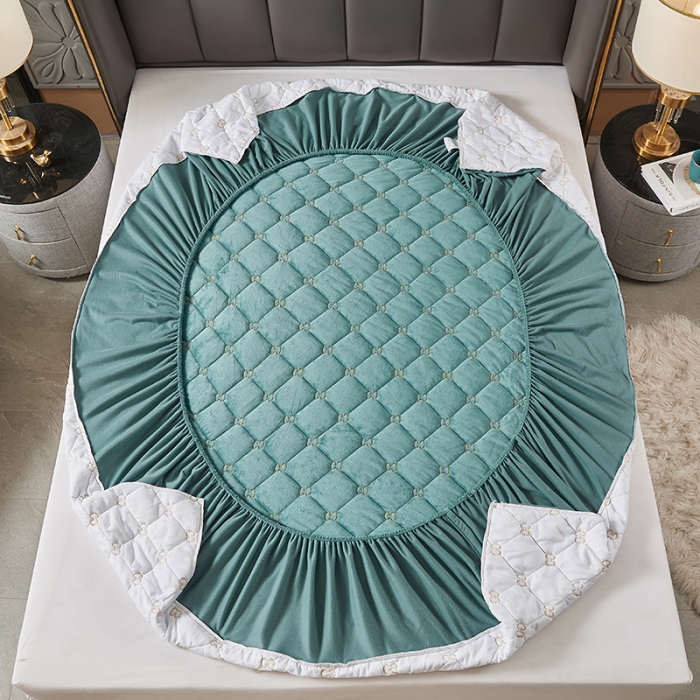 91家纺网 家纺一手货源 找家纺 十个点家纺 2021新款倾国倾城水晶绒夹棉床笠 水墨绿