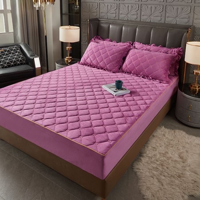 91家纺网 家纺一手货源 找家纺 十个点家纺 2021新款倾国倾城水晶绒夹棉床笠 紫色