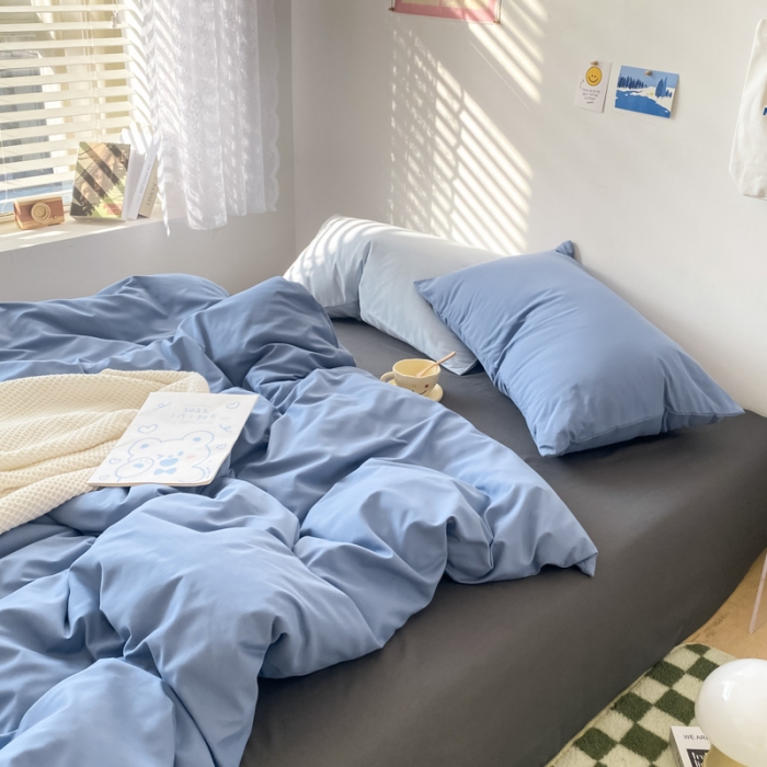 91家纺网 家纺一手货源 找家纺 雨帆 2023新款ins纯色双拼磨毛四件套 深蓝灰