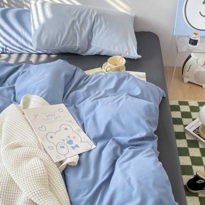 91家纺网 家纺一手货源 找家纺 雨帆 2023新款ins纯色双拼磨毛四件套 深蓝灰