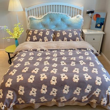 棉生活家纺 2021新款冰岛臻棉绒印花四件套 可可熊咖
