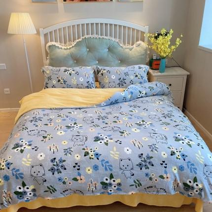 棉生活家纺 2021新款冰岛臻棉绒印花四件套 喵小姐灰