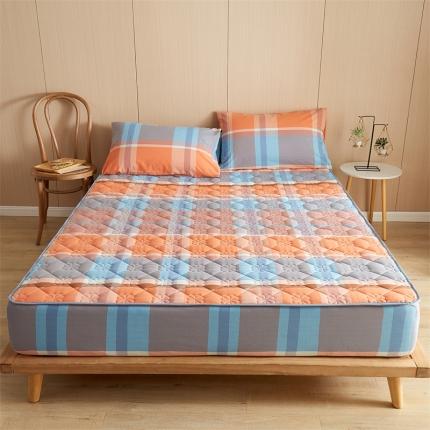 91家纺网 家纺一手货源 找家纺 优眠坊 2025新款全棉色织水洗棉夹棉床笠 蓝桔大格