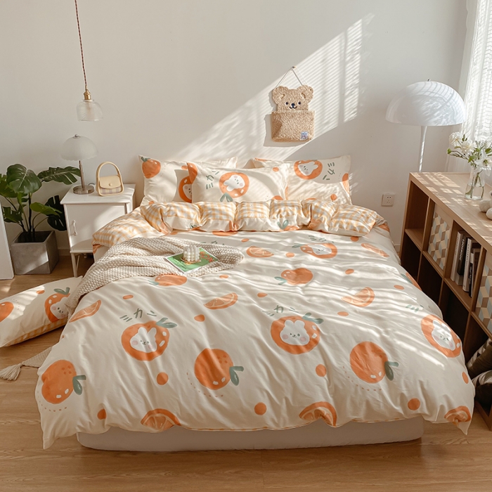 91家纺网 家纺一手货源 找家纺 简宜家居 2022新款全棉卡通印花小清新四件套-卡通系列 橘子兔