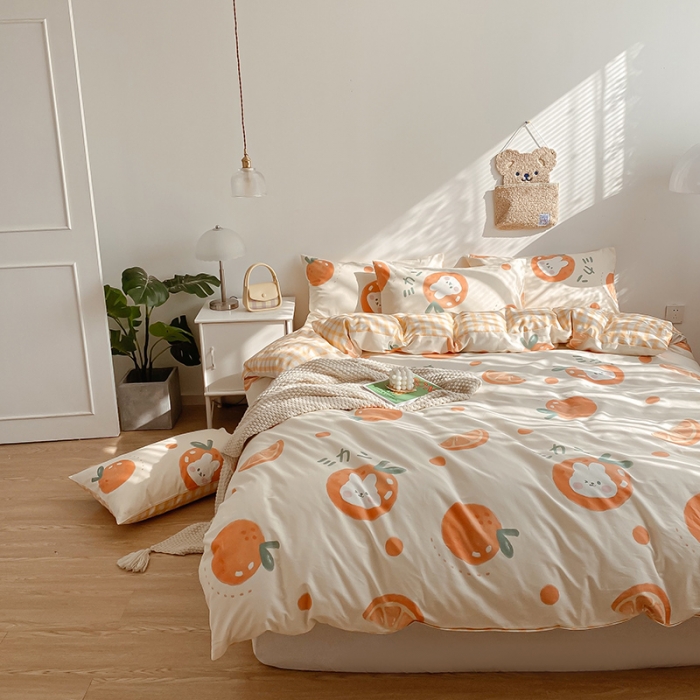 91家纺网 家纺一手货源 找家纺 简宜家居 2022新款全棉卡通印花小清新四件套-卡通系列 橘子兔