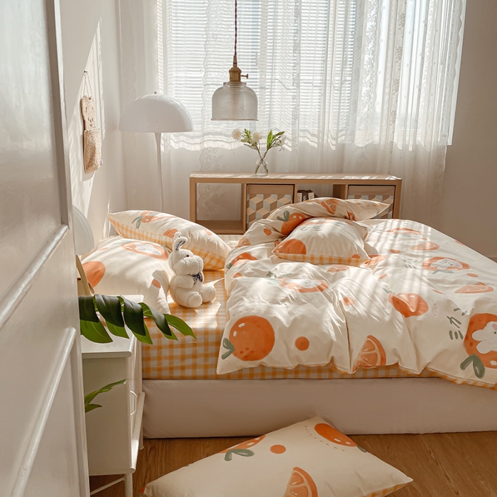 91家纺网 家纺一手货源 找家纺 简宜家居 2022新款全棉卡通印花小清新四件套-卡通系列 橘子兔