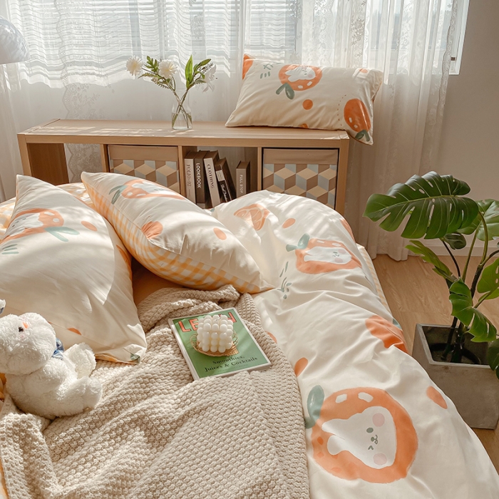 91家纺网 家纺一手货源 找家纺 简宜家居 2022新款全棉卡通印花小清新四件套-卡通系列 橘子兔