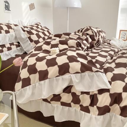 91家纺网 家纺一手货源 找家纺 花伞  新款直播韩版赫本风棋盘格小清新锦棉四件套 榛子巧克力