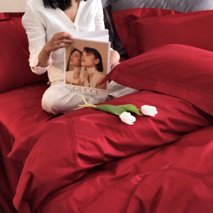 91家纺网 家纺一手货源 找家纺 馨蕊 2022新款100支长绒棉四件套-简系列 简-温莎红