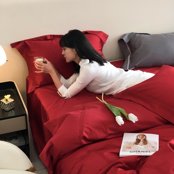 91家纺网 家纺一手货源 找家纺 馨蕊 2022新款100支长绒棉四件套-简系列 简-温莎红