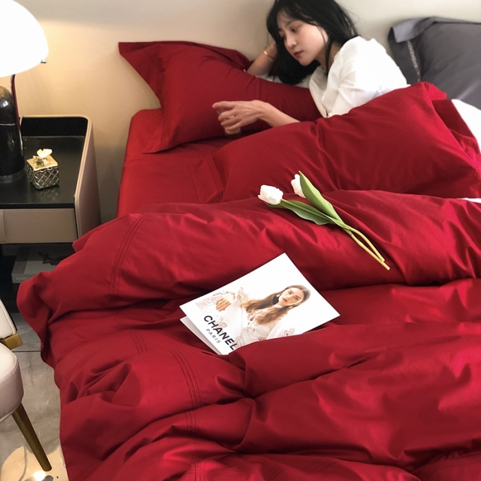 91家纺网 家纺一手货源 找家纺 馨蕊 2022新款100支长绒棉四件套-简系列 简-温莎红